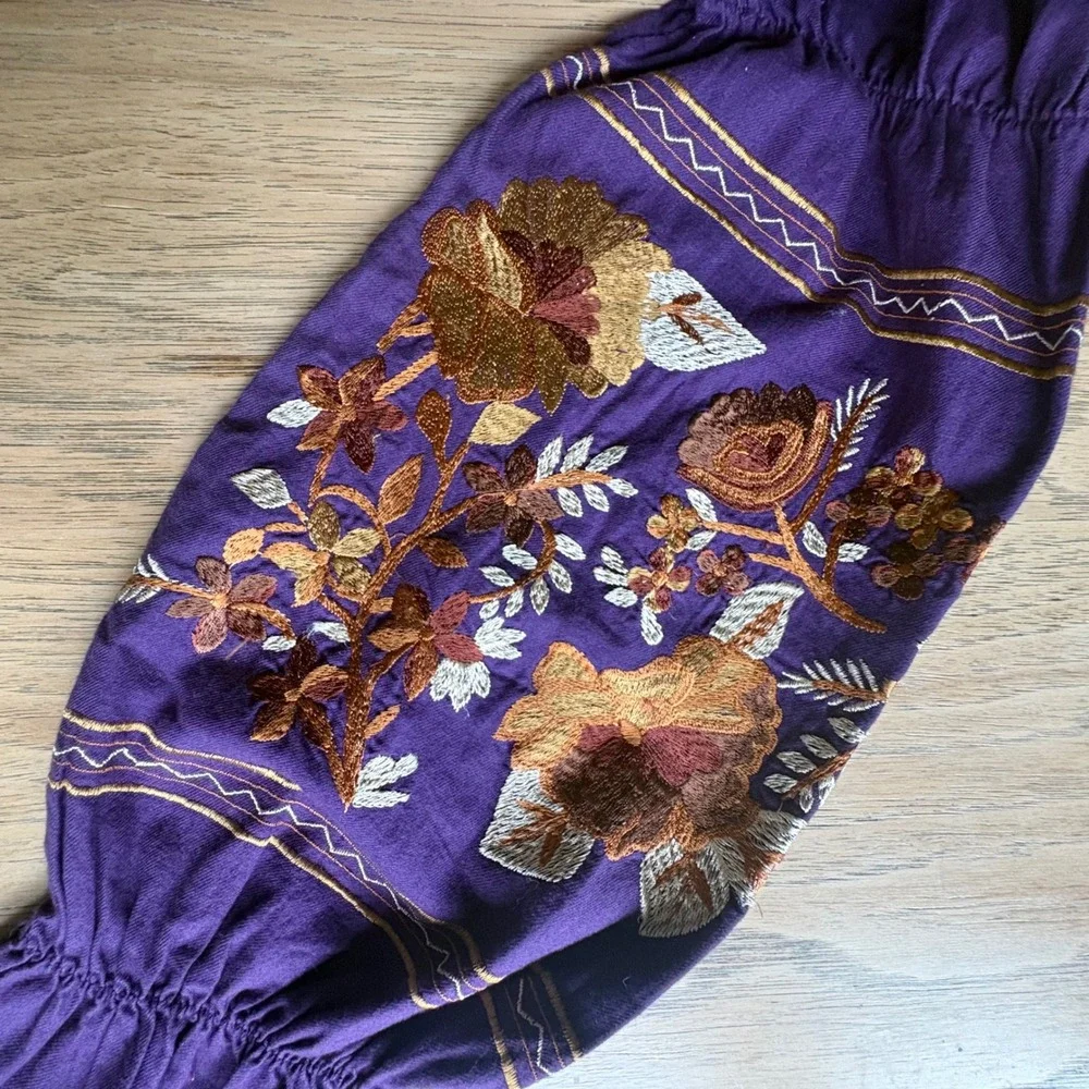 $148 FREE PEOPLE Purple Floral Embroidered Peasant Off Shoulder Dress Tunic‎ XS